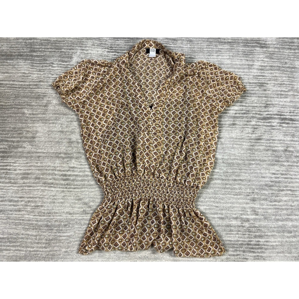 Studio 1940 Top Womens XL Brown Geometric Sheer Overlay Short Sleeve Smocked‎